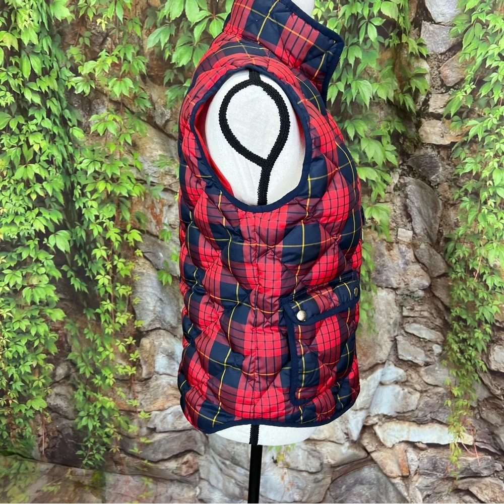 J. CREW Preppy Excursion Red and Blue Tartan Plaid Down Puffer Vest, XS